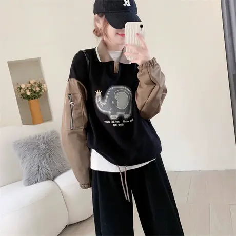 超火短款加绒加厚Polo领卡通卫衣女秋冬2023年新款宽松小个子上衣商品大图