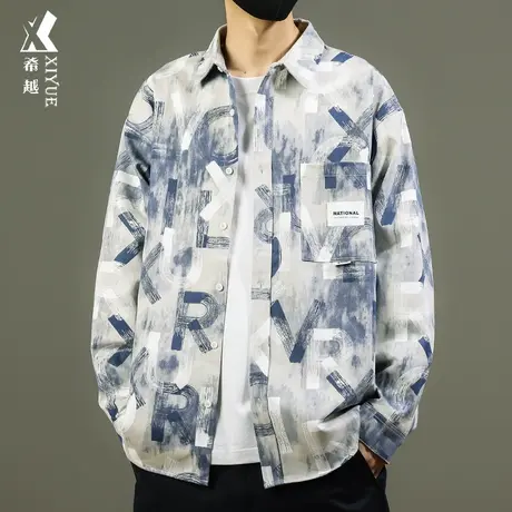 希越满身涂鸦印花纯棉衬衫男士秋季美式小众潮流宽松大码衬衣外套图片