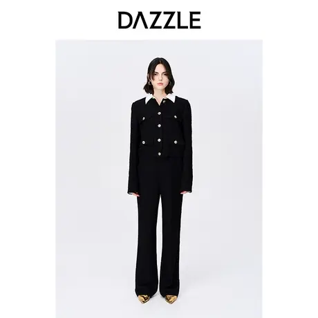 【七七酱专享】DAZZLE地素奥莱秋黑色优雅通勤高腰宽松阔腿花呢裤图片