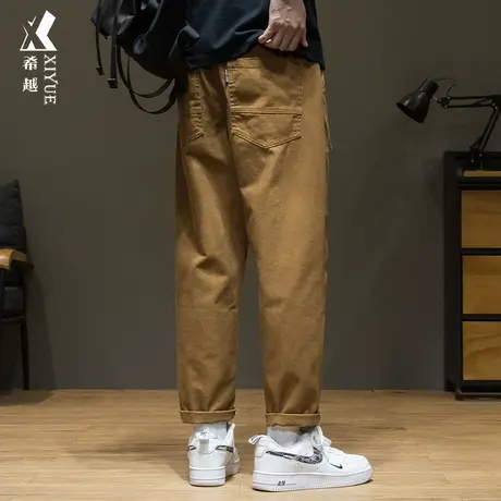 希越简约休闲裤子男士棕色宽松直筒大码工装裤秋冬美式复古九分裤商品大图