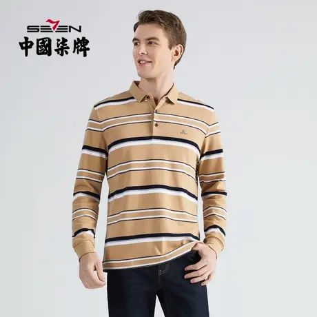 柒牌男士清仓纯棉POLO衫2022秋季休闲商务撞色条纹长袖翻领T恤衫商品大图