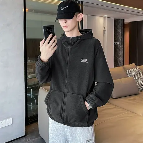 唐狮摇粒绒外套男士春秋装潮流夹克连帽净色小细节青少年外套帅气图片