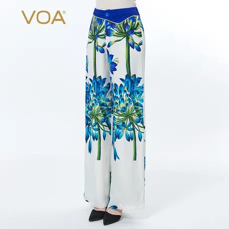 VOA真丝印花重绉30姆米自然腰褶皱纽扣斜插口袋优雅桑蚕丝阔腿裤图片