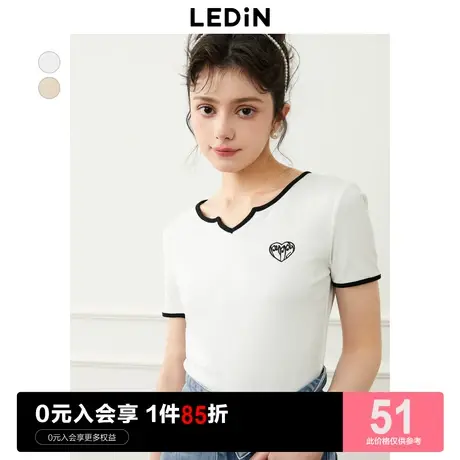 乐町复古撞边V领短袖上衣女2023年夏季新品短款修身字母T恤图片
