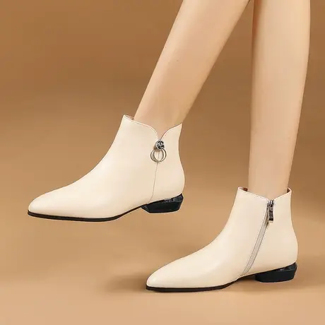 米白色短筒靴女冬季新款牛皮今年流行的小短靴粗跟低跟真皮靴子女商品大图