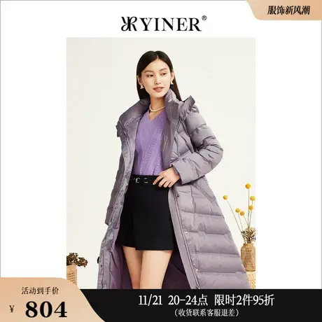 YINER音儿线上专选女装冬季中长款收腰高领连帽保暖白鸭绒羽绒服商品大图