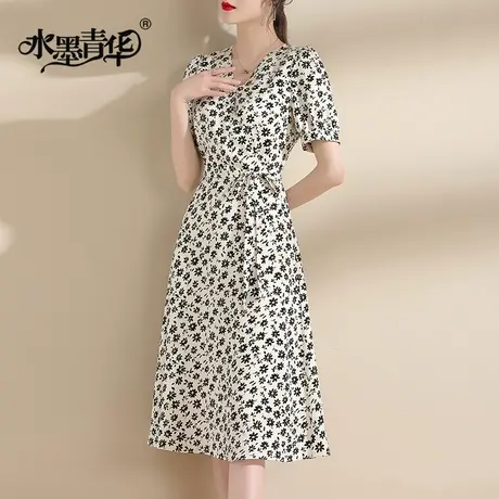 【1件7.9折】夏季新款百搭显瘦A字裙时尚醋酸绒花色短袖连衣裙商品大图