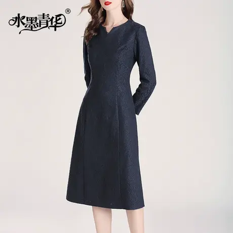 水墨青华2024春季新品百搭显瘦打底裙中长款藏青色复合蕾丝连衣裙商品大图