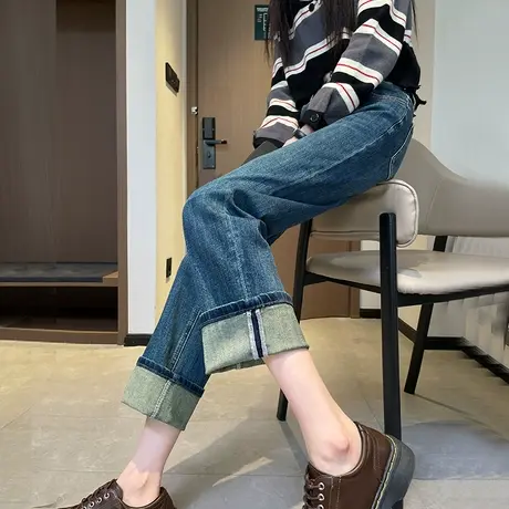 高腰直筒牛仔裤女宽松春秋2024新款显瘦翻边小个子卷边九分烟管裤商品大图