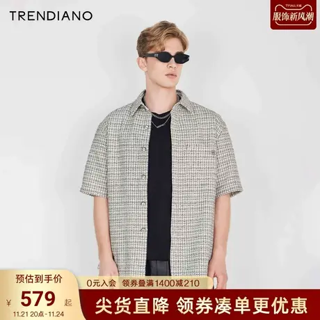 TRENDIANO官方2023新款春夏黑白格子时尚翻领小香短袖外套男商品大图