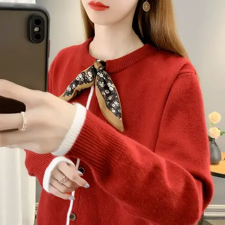 2023春装新款爆款长袖圆领丝巾针织衫开衫外套女士百搭毛衣上衣女商品大图