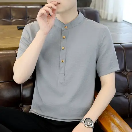 立领短袖t恤男士夏季仿棉麻亚麻透气潮流宽松休闲半袖POLO衫体恤商品大图