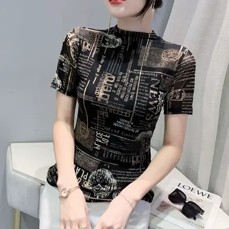 欧货字母T恤女短袖2023新款内搭半高领网纱打底衫洋气修身上衣ins商品大图