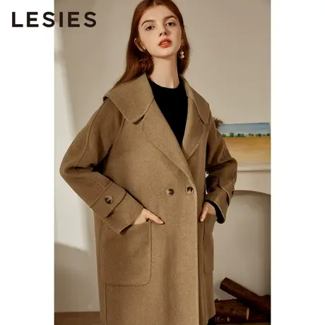 LESIES蓝色倾情秋冬季大翻领直筒宽松中长款羊毛双面呢子大衣外套图片