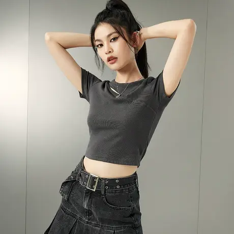 yep美式透气夏季纯色短袖修身t恤辣妹紧身上衣设计感潮牌短款女装商品大图