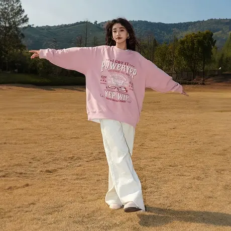 YEP美式卫衣女春秋可爱ins设计感复古脏粉色oversize圆领无帽上衣图片