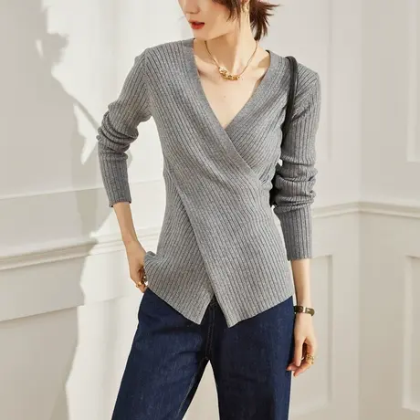 法式设计感小众针织衫女早春季纯色内搭上衣交叉不规则V领打底衫商品大图