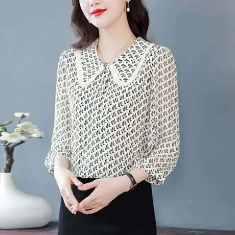 夏装薄款2023新款漂亮妈妈雪纺衫女七分袖娃娃领别致时尚衬衣小衫商品大图