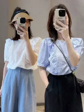 蓝色条纹雪纺泡泡短袖衬衫高级感别致惊艳漂亮小衫法式上衣夏季女商品大图