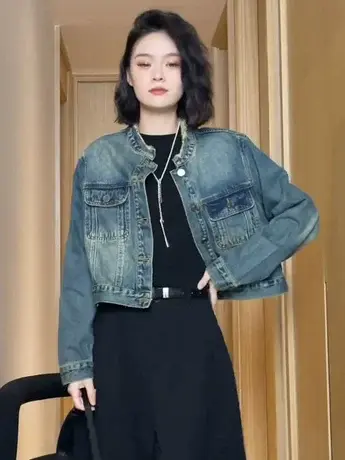 复古水洗设计毛边圆领牛仔短外套女2023早秋新款韩版宽松夹克上衣图片