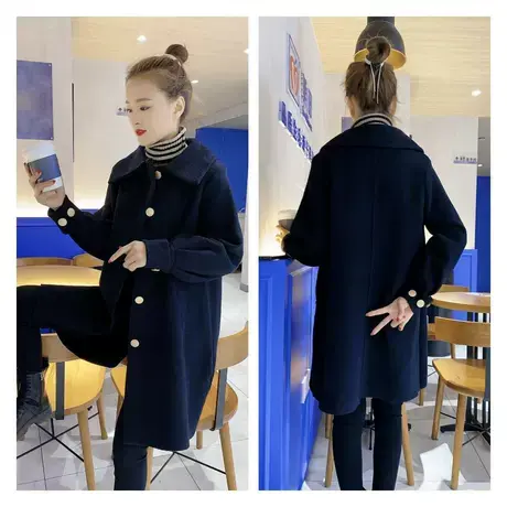 2023秋冬新款铜扣时尚收袖口中长款双面呢风衣毛呢纯色外套大衣女图片