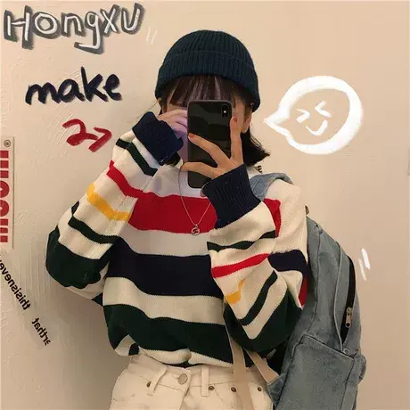 2019秋冬装新款韩版宽松百搭ins潮条纹bf学院风针织衫毛衣女外套商品大图