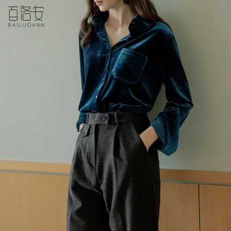 百洛安丝绒衬衫女宽松百搭显瘦长袖上衣秋季新款时尚翻领纯色衬衣商品大图