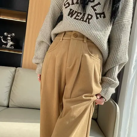 毛呢阔腿裤女秋冬2023新款高腰显瘦加绒加厚保暖休闲窄版直筒裤子图片
