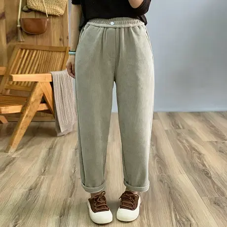 dza 高腰显瘦纽扣欧木棉加绒哈伦裤子女冬外穿长裤宽松直筒休闲裤图片