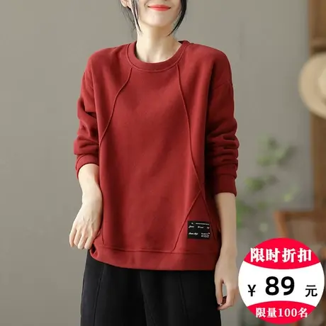 dza 复古圆领加厚加绒卫衣女士冬季新款休闲女装上衣宽松长袖外套商品大图