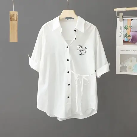 小众设计感白色薄衬衫女短袖2023夏季新款刺绣纯棉衬衣简约上衣女图片