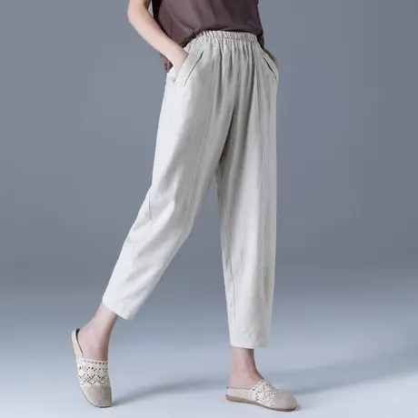 棉麻女裤夏季薄款宽松加大码中年妈妈亚麻休闲高腰显瘦阔腿九分裤商品大图