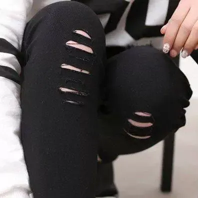 2024韩版秋季新款外穿百搭学生小脚裤黑色乞丐破洞打底裤铅笔女裤商品大图