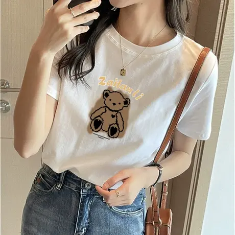 潮牌小熊短袖t恤女夏季2023年新款印花圆领宽松体恤打底白色上衣图片