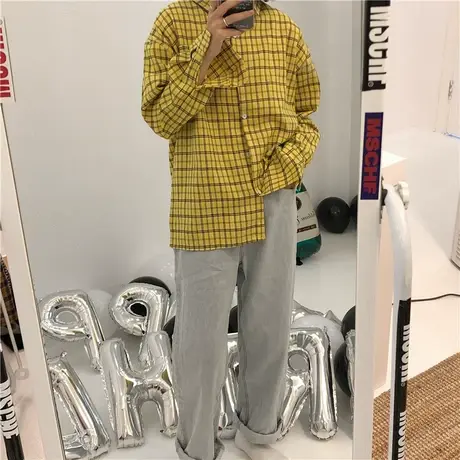 cec超火上衣慵懒复古宽松百搭2019新款韩版长袖格子衬衣衬衫外套商品大图