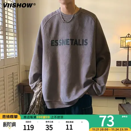 VIISHOW美式复古麂皮绒卫衣男春秋季宽松潮牌圆领长袖上衣T恤潮商品大图