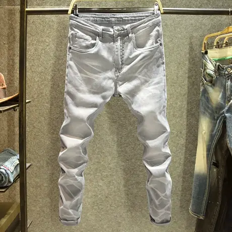 灰色水波纹牛仔裤男款高街水洗修身小脚裤夏季潮流休闲长裤子薄款商品大图