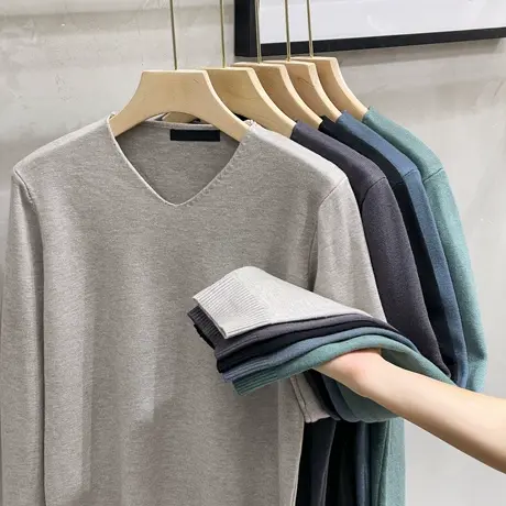 抗起球男士春秋季V领毛衣潮长袖T恤纯色鸡心领针织衫男内搭打底衫商品大图