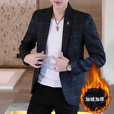 秋冬百搭男士休闲西服上衣加绒款加厚外套韩版修身西装春秋单西潮商品大图