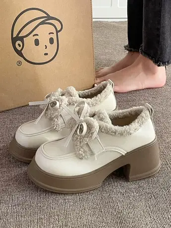 高跟鞋秋冬女加绒2023新款百搭毛毛鞋外穿粗跟玛丽珍小皮鞋外穿潮图片