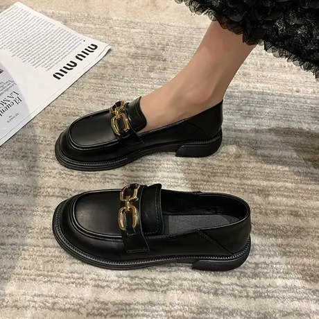 乐福鞋女2023春季新款百搭复古单鞋英伦风厚底平底小皮鞋网红优雅商品大图