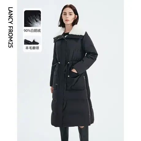 朗姿白鹅绒纯羊毛翻领冬季新款中长款黑色羽绒服大衣外套女高级感商品大图
