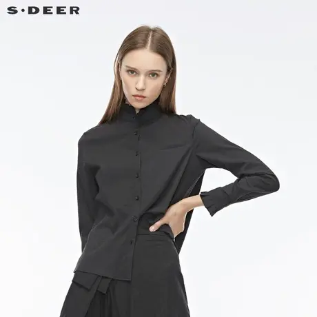 sdeer圣迪奥女装木耳边圆领假口袋开衩基本款黑色衬衫S19480524图片