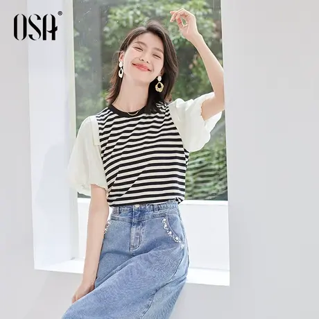 OSA欧莎黑白条纹泡泡袖冰丝针织衫女夏季2023年新款轻薄拼接上衣商品大图