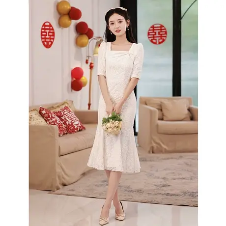 白色晚礼服裙轻奢小众高端鱼尾修身订婚礼服女夏季蕾丝连衣裙高级图片