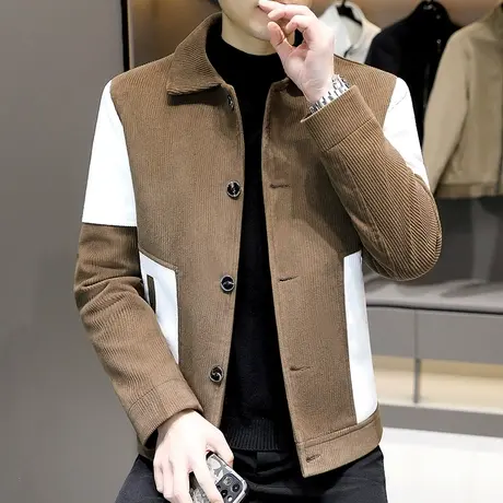 春季男士灯芯绒夹克翻领短款韩版帅气风衣条绒拼色休闲褂子外套潮图片