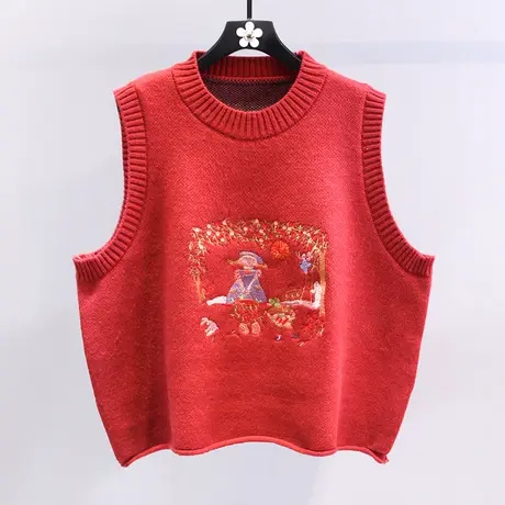 新年刺绣红色针织马甲女冬季2024新款宽松学院风减龄无袖毛衣背心商品大图