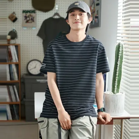 唐狮2023年夏季新款条纹纯棉短袖t恤男潮流宽松圆领学生衣服半袖图片