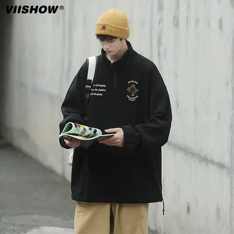 VIISHOW高街半拉链polo领套头卫衣男款ins国潮牌高级感黑色外套商品大图