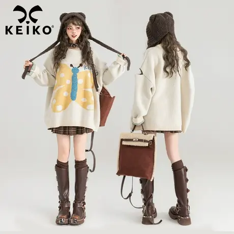 KEIKO 慵懒风蝴蝶提花针织衫2024早春设计感外穿oversize宽松毛衣商品大图